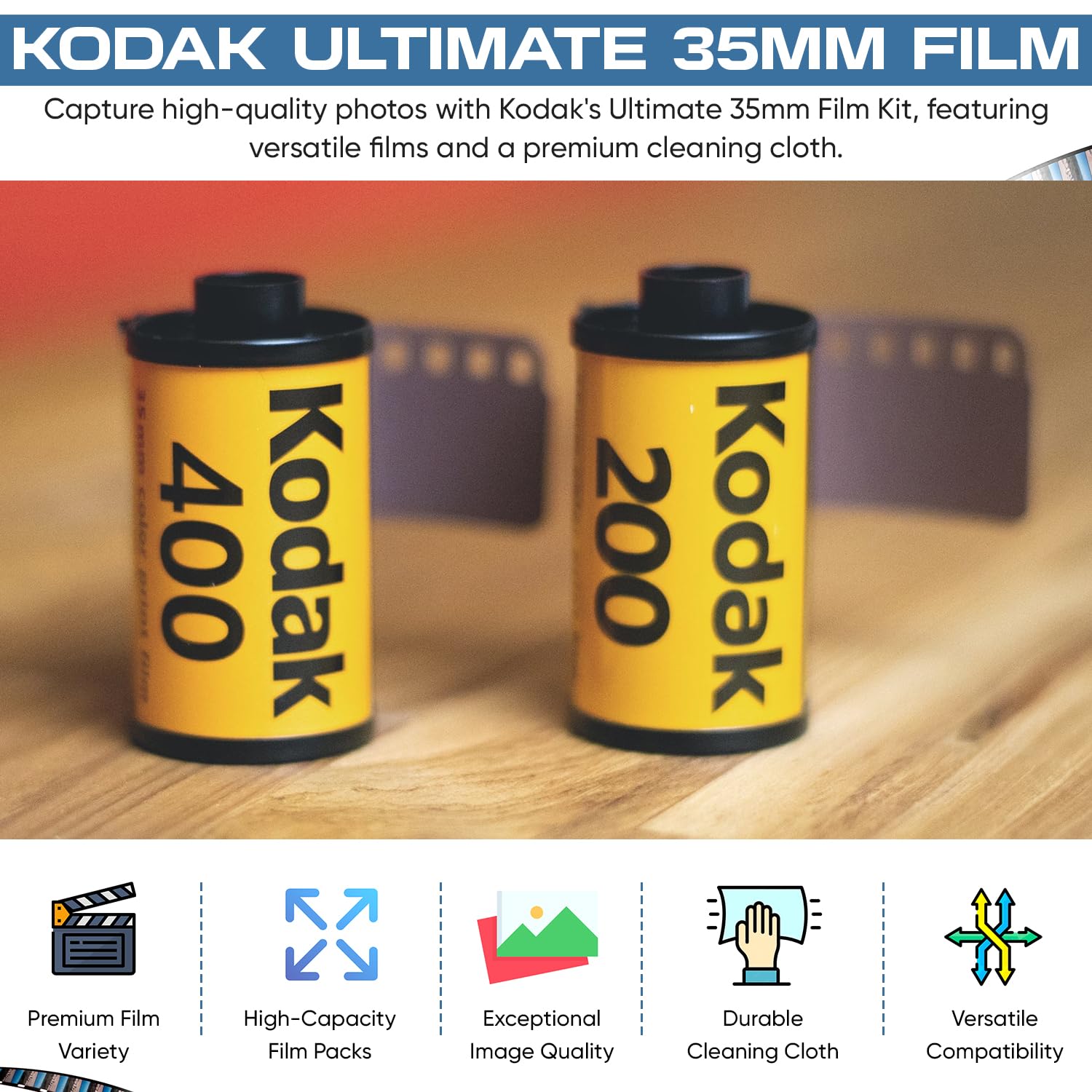 Kodak Ultramax 400 35mm Film 3 Pack & Kodak Gold 200 35mm Film 3 Pack Bundle (6 Total Rolls) 36exp for 35mm Film Camera 35mm - Kodak Film- Balveli Microfiber Cloth - 35 mm Film roll- Camera Film-