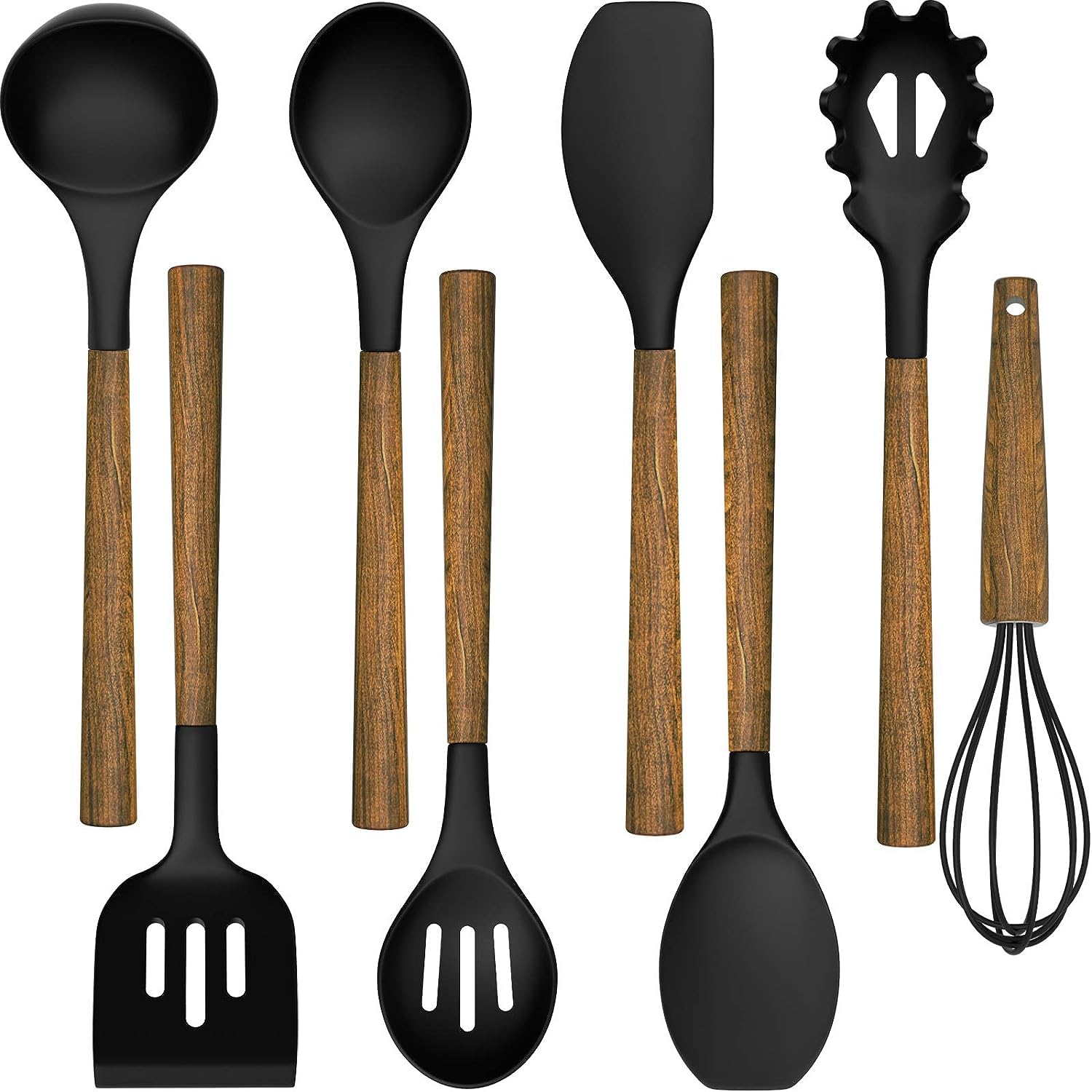 Cooking Utensils Set, 8 PCS Kitchen Utensil Set with Wooden Handle, Black Silicone Kitchen Utensil Accessories, Non-Sticky, Heat Resistant, Easy Cleaning Utensil Set