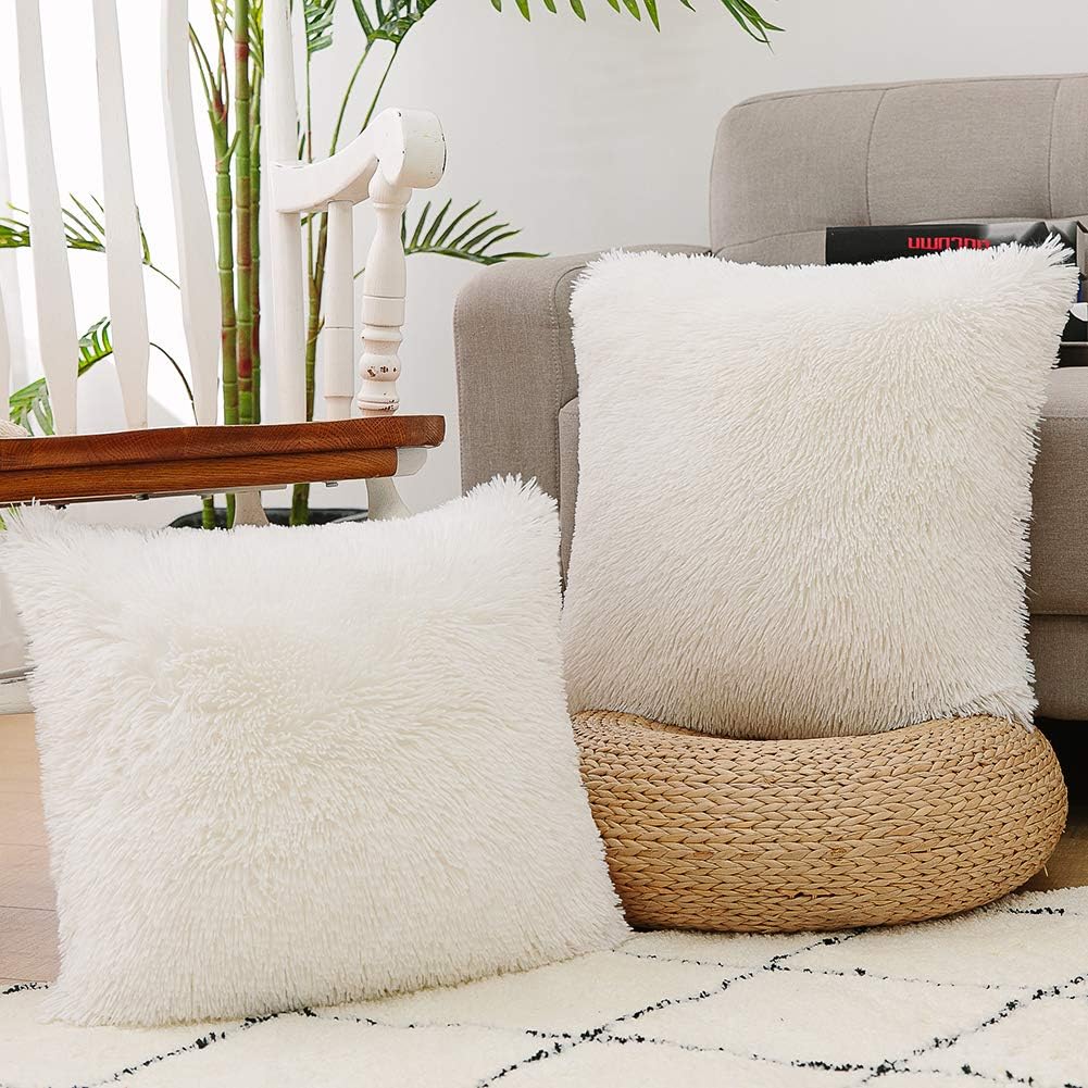 NordECO HOME Luxury Soft Faux Fur Fleece Cushion Cover Pillowcase Decorative Throw Pillows Covers, No Pillow Insert, 18" x 18" Inch, White, 2 Pack: Home & Kitchen