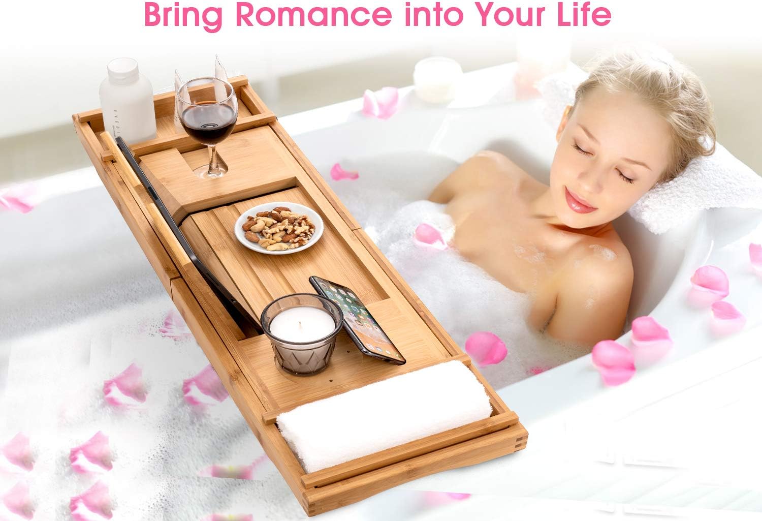 HBlife Bamboo Bathtub Caddy Tray [Durable, Non-Slip], One or Two Person Bath and Bed Tray, Extending Sides Fits Any Tub, Cellphone iPad and Wineglass Holder, Free Soap Holder -Natural Color: Home & Kitchen
