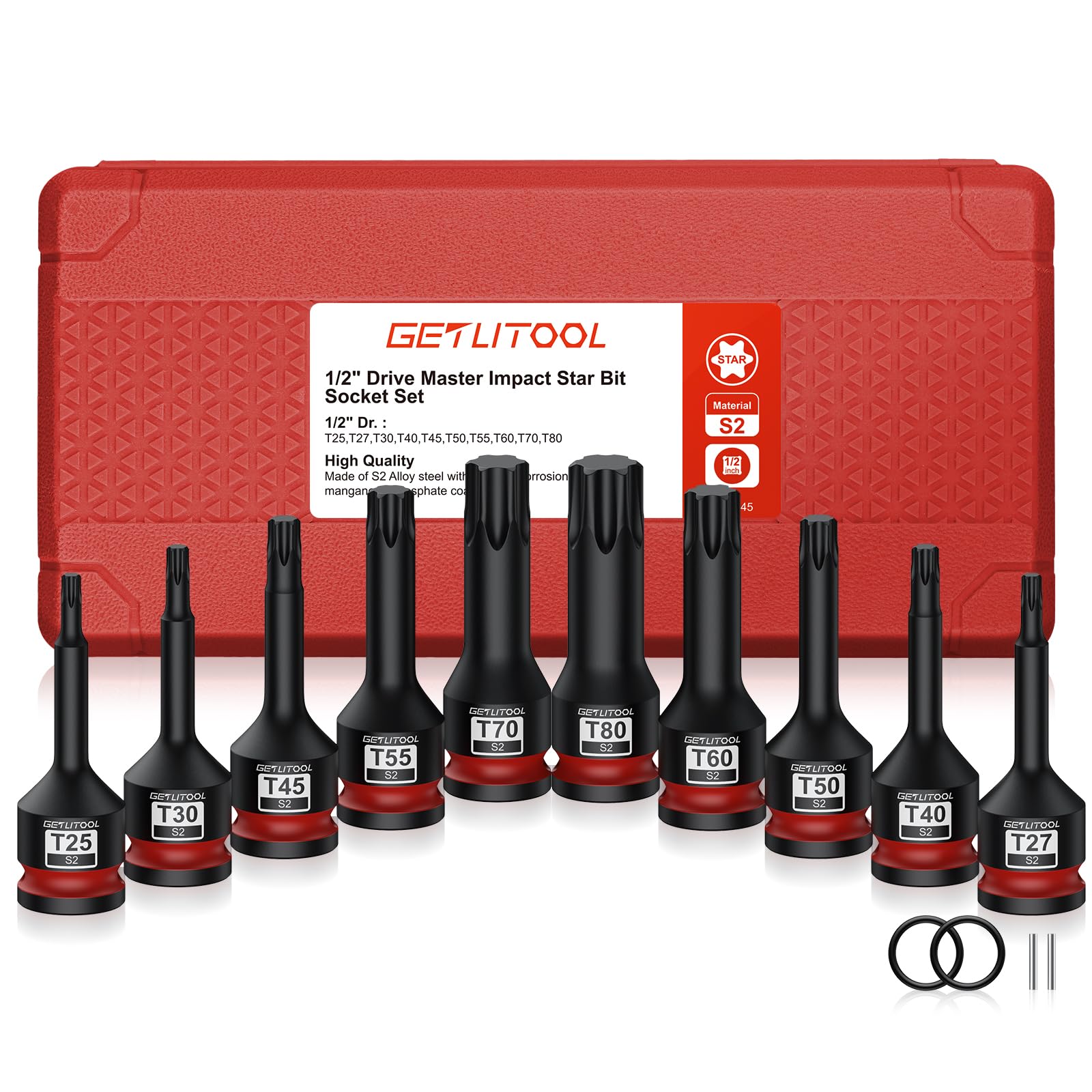 GETLITOOL 1/2" Kraft Torx Bit Schlagschrauber Nüsse Satz, 10tlg S2-Stahl Bit Einsatz Satz T25 - T80, Länge 78 mm Steckschlüsselsatz für Torx Schrauben 9