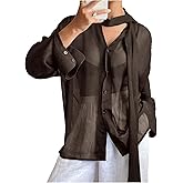RoseSeek Women's Sheer Mesh Blouses Knot Front Button Down Shirts Long Sleeve See Through Tops