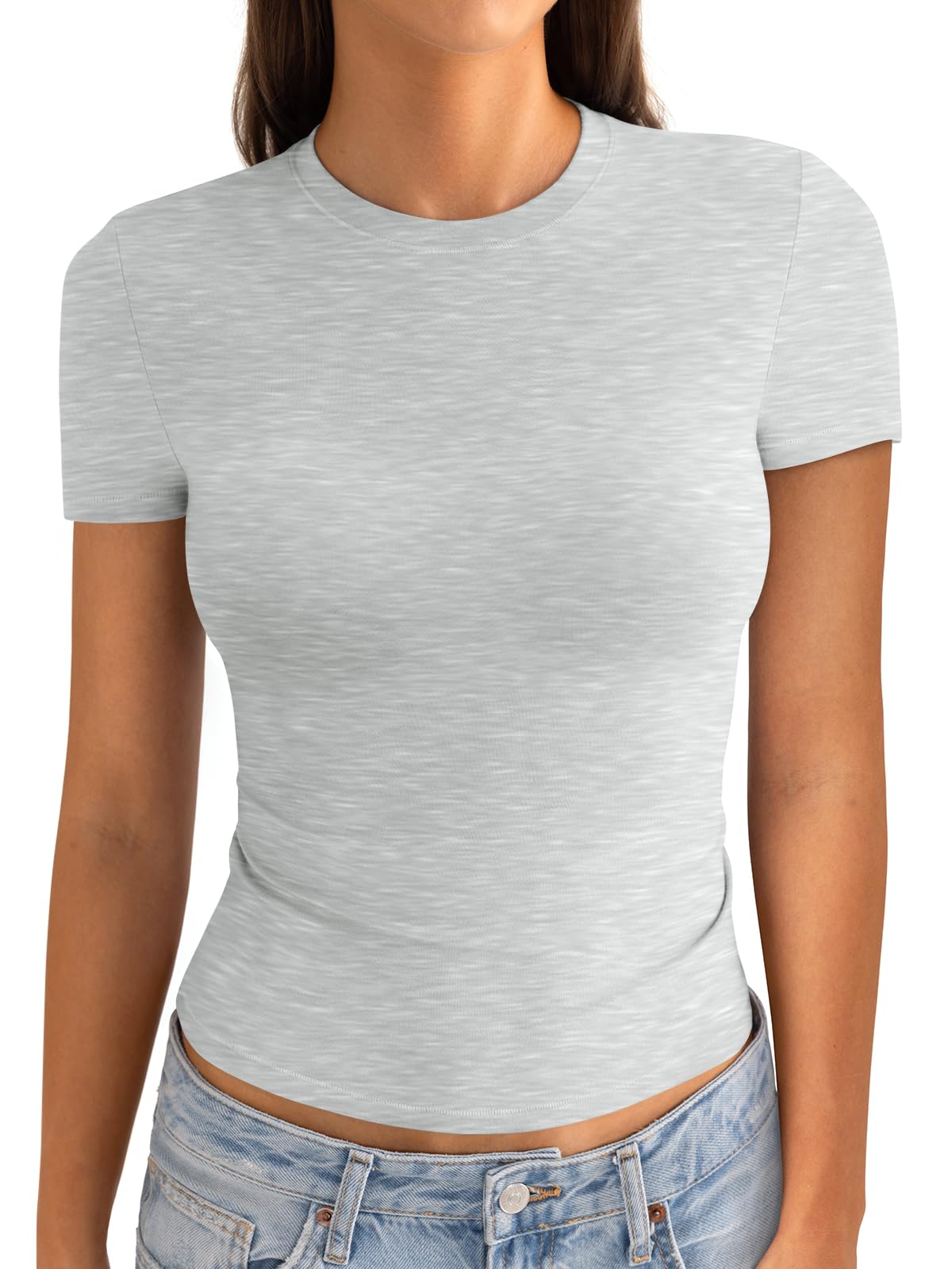 Photo 1 of EasyGala Womens Cotton Crew Neck Short Sleeve Shirts Summer Top Fashion Y2k Crop Tops Round Neck Basic Slim Fit Going Out Tee Stretchy Trendy Tight Fitted Tops Light Heather Grey XS