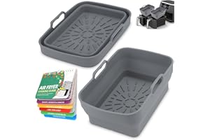 DDLUCK 2Pcs Air Fryer Silicone Liners for Ninja SL401 /DZ201/ DZ401/ DZ550 8-10 QT, Reusable Liners for COSORI, Chefman, Instant Air Fryer, Silicone Air Fryer Basket Liners with Magnetic Cheat Sheet, Grey