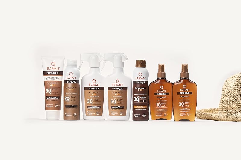 Ecran Sunnique Sunnique Protetor Solar Leite Tanning+ FPS 50 Alto UVB + UVA e IR-A Proteção Spray Ativa Bronzeamento Natural, Sem Autobronzeador, com Tecnologia PureBronze, Resistente à Água - 270 ml