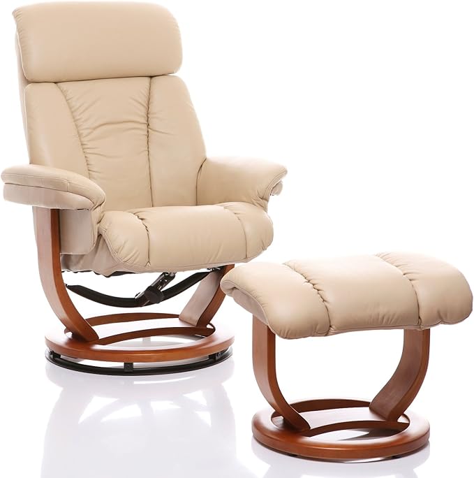 Morris Living The Saigon Premium Genuine Leather Swivel Recliner Chair & Footstool Cream