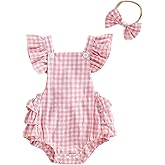FOMOYUU Newborn Baby Girl Romper Summer Sleeveless Checkered Smocked Cotton Linen Clothes Outfit Jumpsuit with Bow Headband