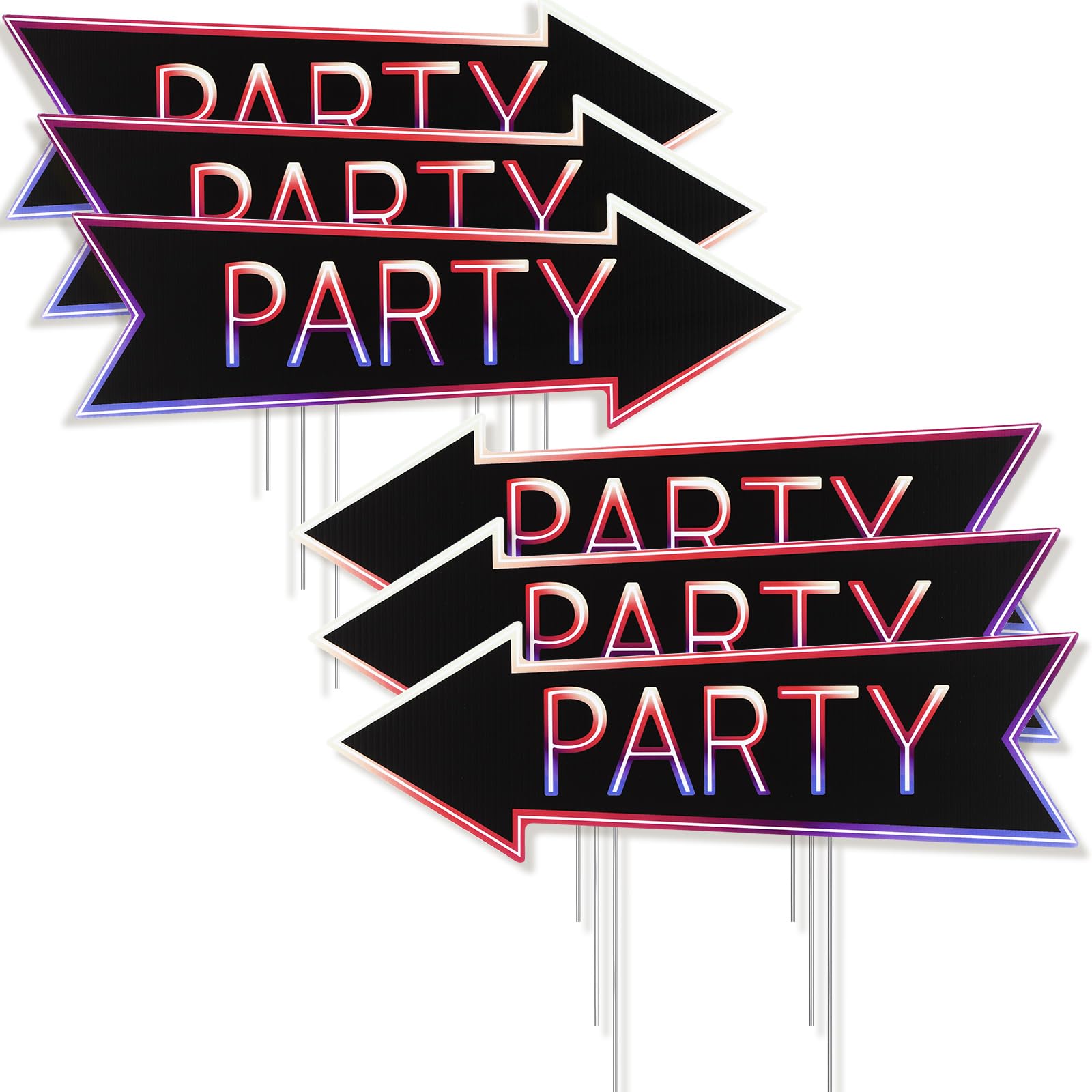 Photo 1 of Memorywuu 6 Pcs Double Sided Party Signs with Metal Stakes 5.12 x 16 Inches Party This Way Waterproof Corrugated Plastic Yard Arrow Neon Direction Signs for Wedding Birthday Outside Outdoors Lawn