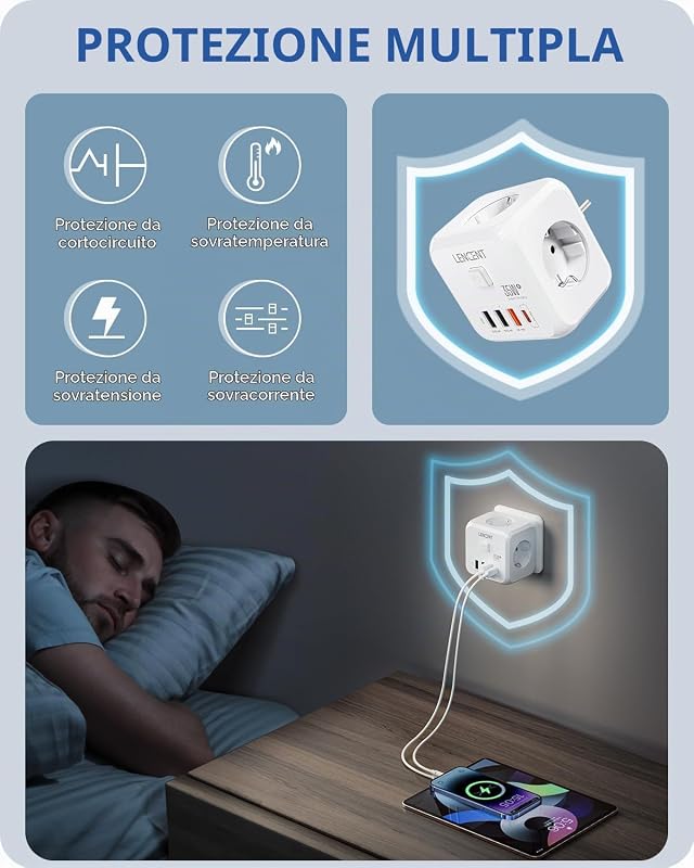 Presa Mutlpla USB a Cubo con Ricarica Rapida PD35W Multipresa 4000W