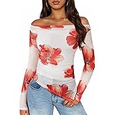 ZESICA Floral Mesh Off Shoulder Long Sleeve Tops for Women 2026 Y2k Double Lined Sheer Spring Going Out Shirts