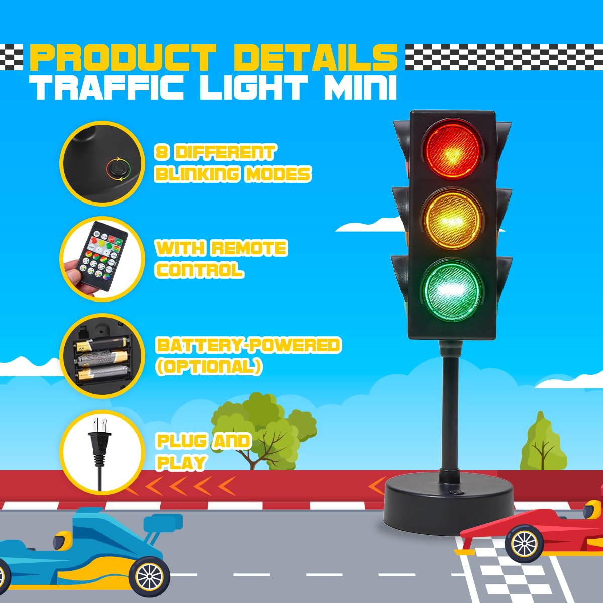 Playbees Mini Traffic Light Lamp with Base 11 inches Vibrant Decoration Working with Batteries or USB-C Traffic Light Blinking Modes Decoration for Bedrooms Stop Sign Room Decor