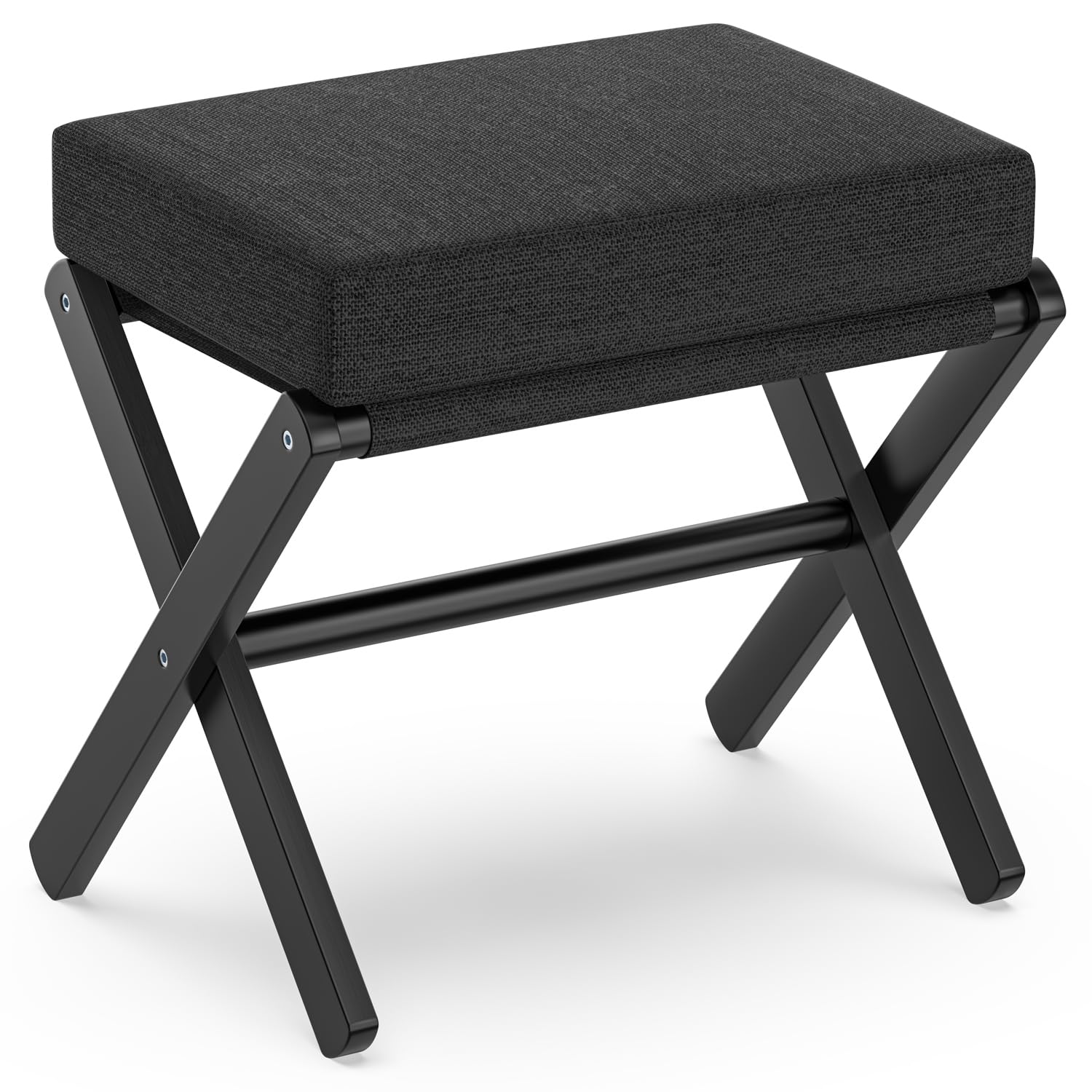 Photo 1 of BAMBOOHOMIE Foldable Foot Stool Ottoman, Modern Foot Rest with Bamboo X Legs & Thick Foam Cushion, Folding Foot Stools Small Padded for Bedroom Living Room, Makeup Vanity Stool Chair (Black - Black)