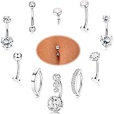 FIASASO 9 Pcs Belly Button Ring - Surgical Stainless Steel Floating CZ Heart Clicker Belly Piercings for Women Navel Belly Piercings Jewelry Pack