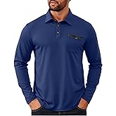 Mens Athletic Long Sleeve Polo Shirts Classic Lightweight Button Collared Stylish Tops with Pocket