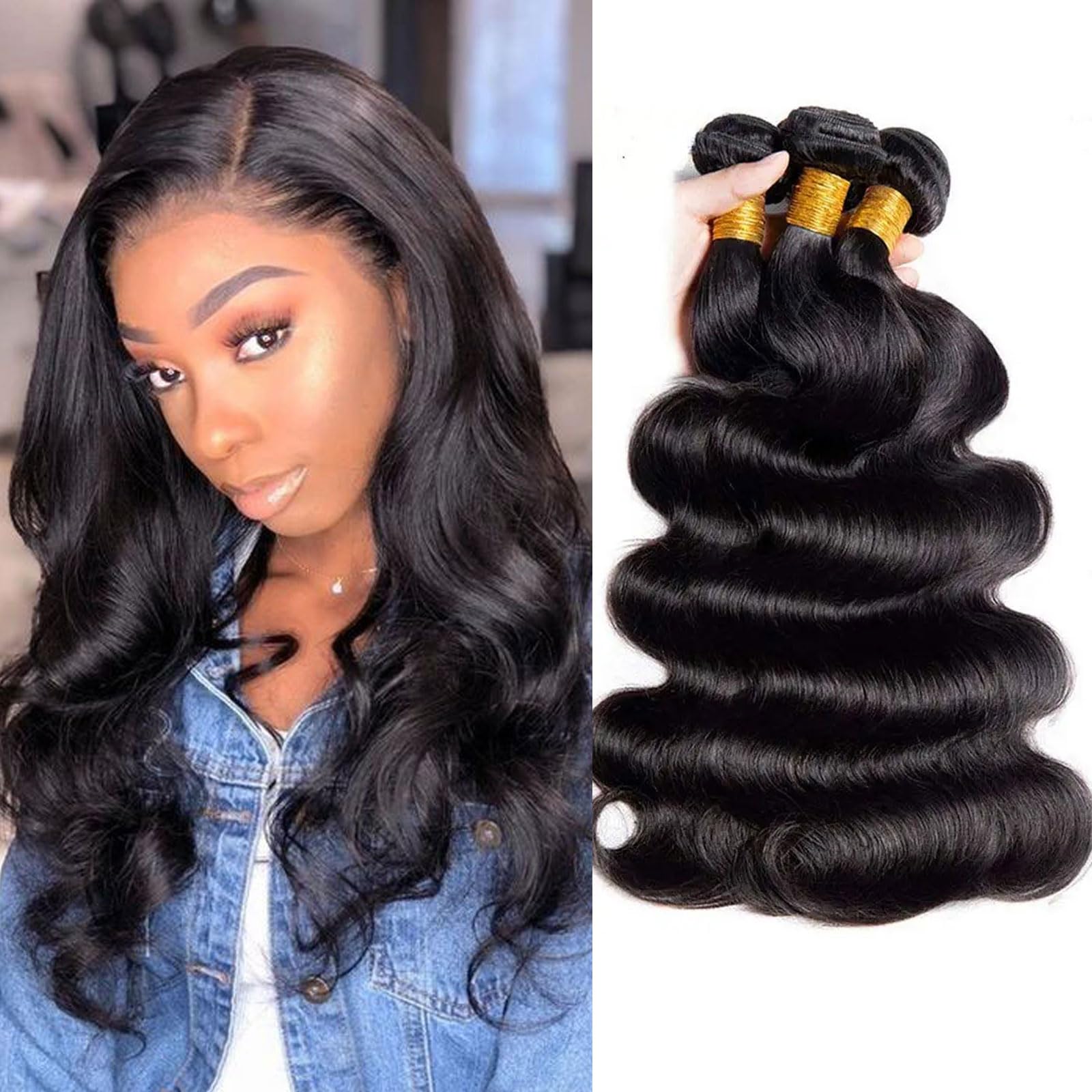 Huarisi 10A Body Wave Human Hair Bundles 10 12 14 Inch Unprocessed Brazilian Hair Body Wave 3 Bundles Real Hair Weaves Extensions Double Weft Natural Color Sew in Weaving — image 1