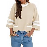 Cicy Bell Womens Oversized Sweater 3/4 Sleeve Mock Neck Color Block Chunky Knit Sweaters Casual Fall Pullover Tops