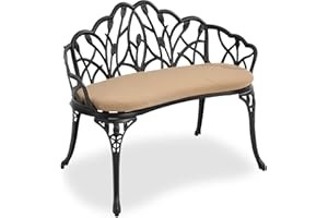 HOMEFUN Outdoor Patio Bench, Garden Benches with Cushion All-Weather Cast Aluminum Extra Loveseat for Lawn Front Porch Path Yard Decor Deck Furniture Black