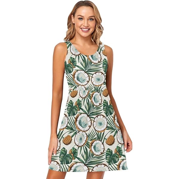 ALAZA Tropical Palm Tree Leaf White Women's Summer Dress Sun Dress  Sleeveless with Pockets S at Amazon Women's Clothing store