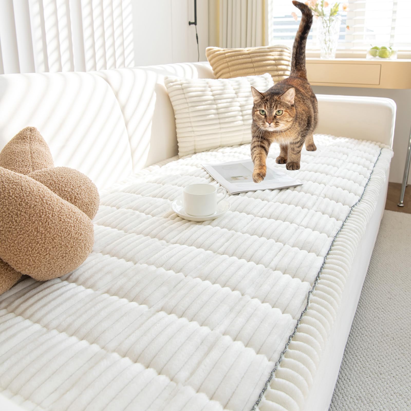 Topchances Thick Sofa Cover 1 2 3 Seater,Non-Slip Seat Cushions,New Super Soft Couch Cushions,Washable Sofa Pads Suitable for Dog Pet Living Room Furniture Protector(Cream White,70×180cm)
