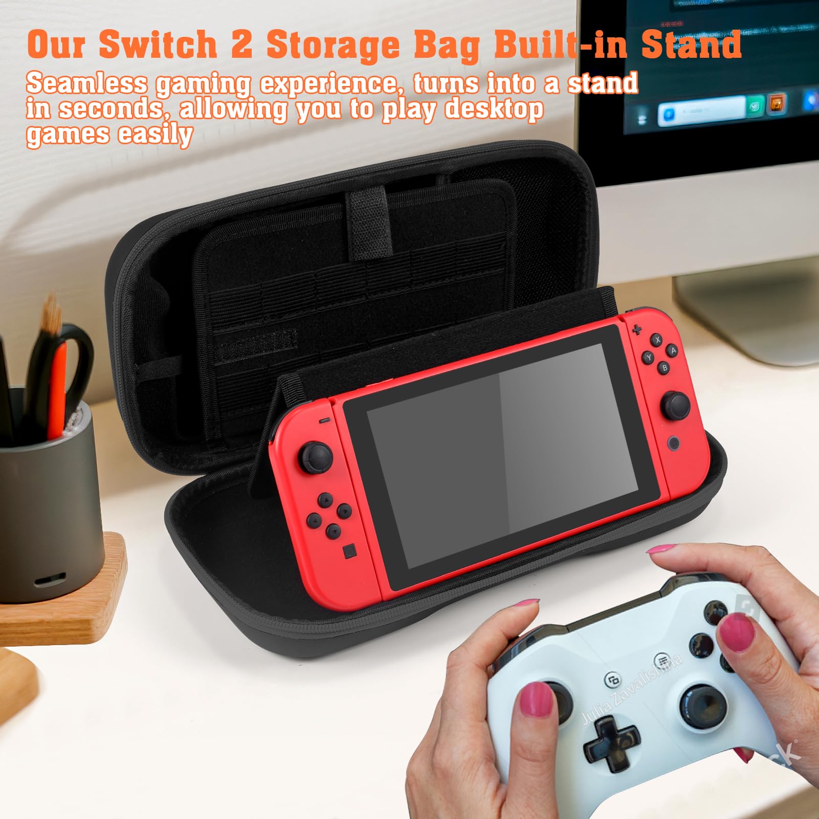 Tasche für Nintendo Switch 2 (2025) - Harte Tragetasche mit 24 Spielkarten-Fächern & Bracket, Zubehör Beinhaltet Reisetasche für Nintendo Switch 2,Displayschutz,Transparente Schutzhülle,Daumengriff 3