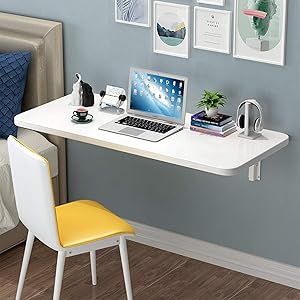 Folding Wall Mounted Desk Small Wall Drop-Leaf Table, White Wood Fold Down Industrial Style Laptop PC Computer Desk Bookshelf Floating Shelves for Home Office, Laundry, Bar, Kitchen, Dining Room
