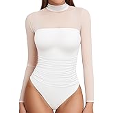 MANGOPOP Women's Mock Turtle Neck Bodysuit Mesh Ruched Short Long Sleeve Body Suit Sexy Sheer Trendy Going Out Outfits Tops