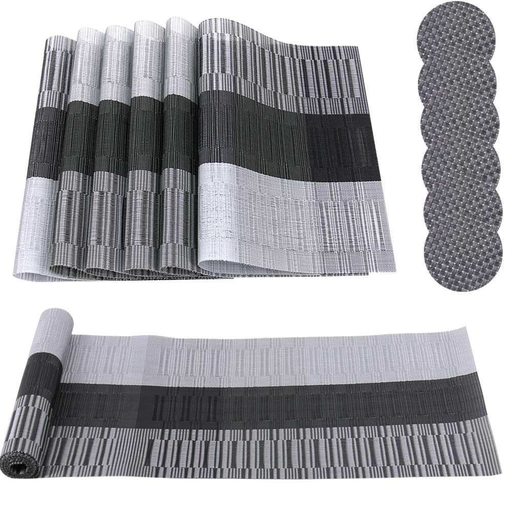 Time to Sparkle 13 PCS Vinyl Woven 6pcs Placemats + 6pcs Coasters+ 1pc Tablecloth Anti-Slip Table Mat Waterproof Heat Resistant Table Mat Decoration (Placemat+Runner-Black Bamboo) — image 1