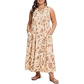 Moon Wood Women's Plus Size Sleeveless Summer Dress Crewneck Tank Casual Flowy Maxi Dress with Pockets Vacation Outfits