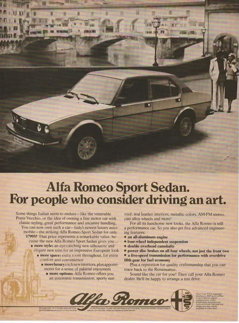 Amazon Com Magazine Print Ad 1978 Alfa Romeo Sport Sedan Ponte Vecchio Florence Italy 7995 For People Who Consider Driving An Art Entertainment Collectibles