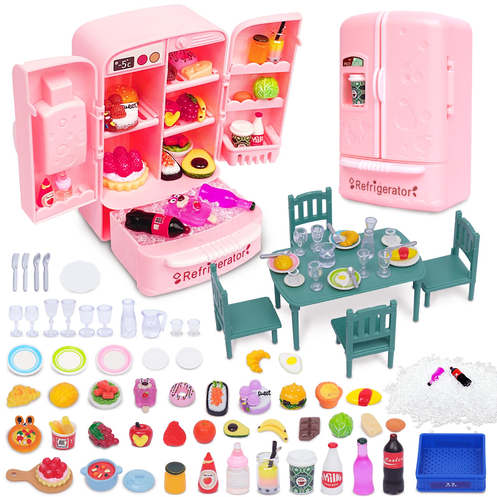 Photo 1 of ETNRHP Dollhouse Mini Toy Fridge Green Table Dining with Mini Food Play Refrigerator for Kids Kitchen Furniture Fruits Vegetable Drink Milk Desserts for Kids Pretend Play Game Fake Ice Cubes