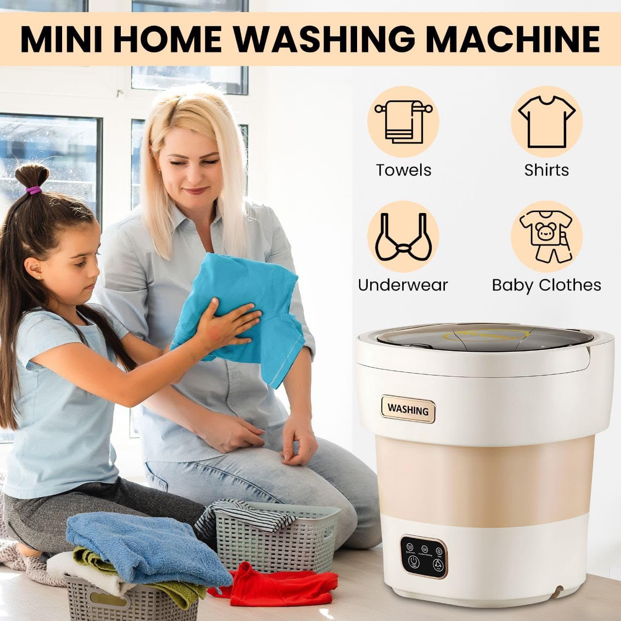 small portable washing machine15L with Spin Basket – Small Washer portable for Underwear, Delicate Clothes, and Light Laundry – Ideal for Apartments, Dorms, Hotels, and Camping.