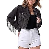CIMUK Womens Cropped Jean Jackets Long Sleeve Western Frayed Tassel Fringe Denim Jacket