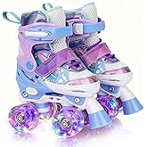 HISULIV Roller Skates for Kids Ages 5 6 8 12 Year Old 4 Size Adjustable Quad Roller Skates for Girls Boys Toddler with Light Up Wheels Best Children Gift for Beginners Indoor Outdoor Sports