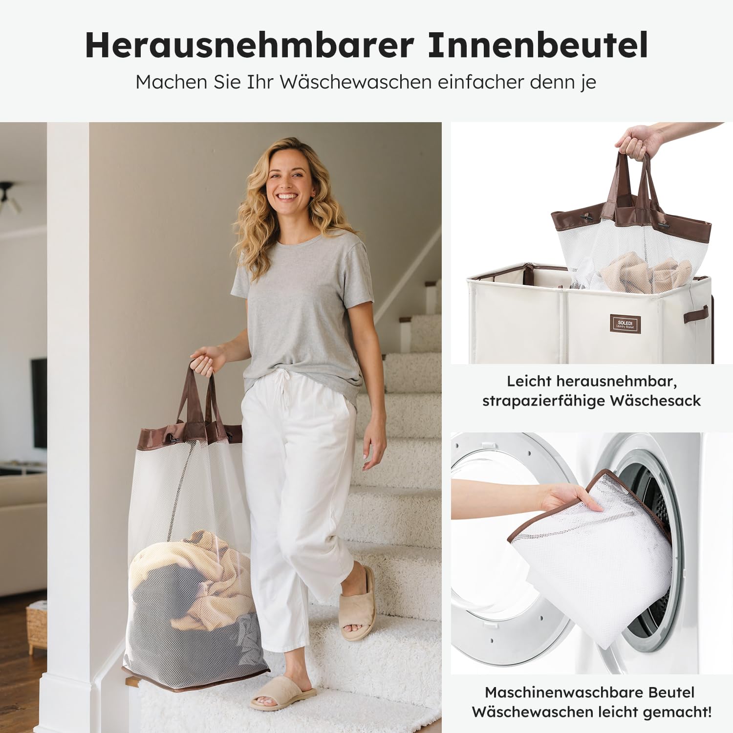 SOLEDI 180L Wäschekorb mit Deckel, Wäschesammler 2 Fächer mit 2 Seitentaschen, Laundr Baskets mit 2 Wäschesack, Wäschesortierer Groß XXXL für Badezimmer, Schlafzimmer, Waschküche 4