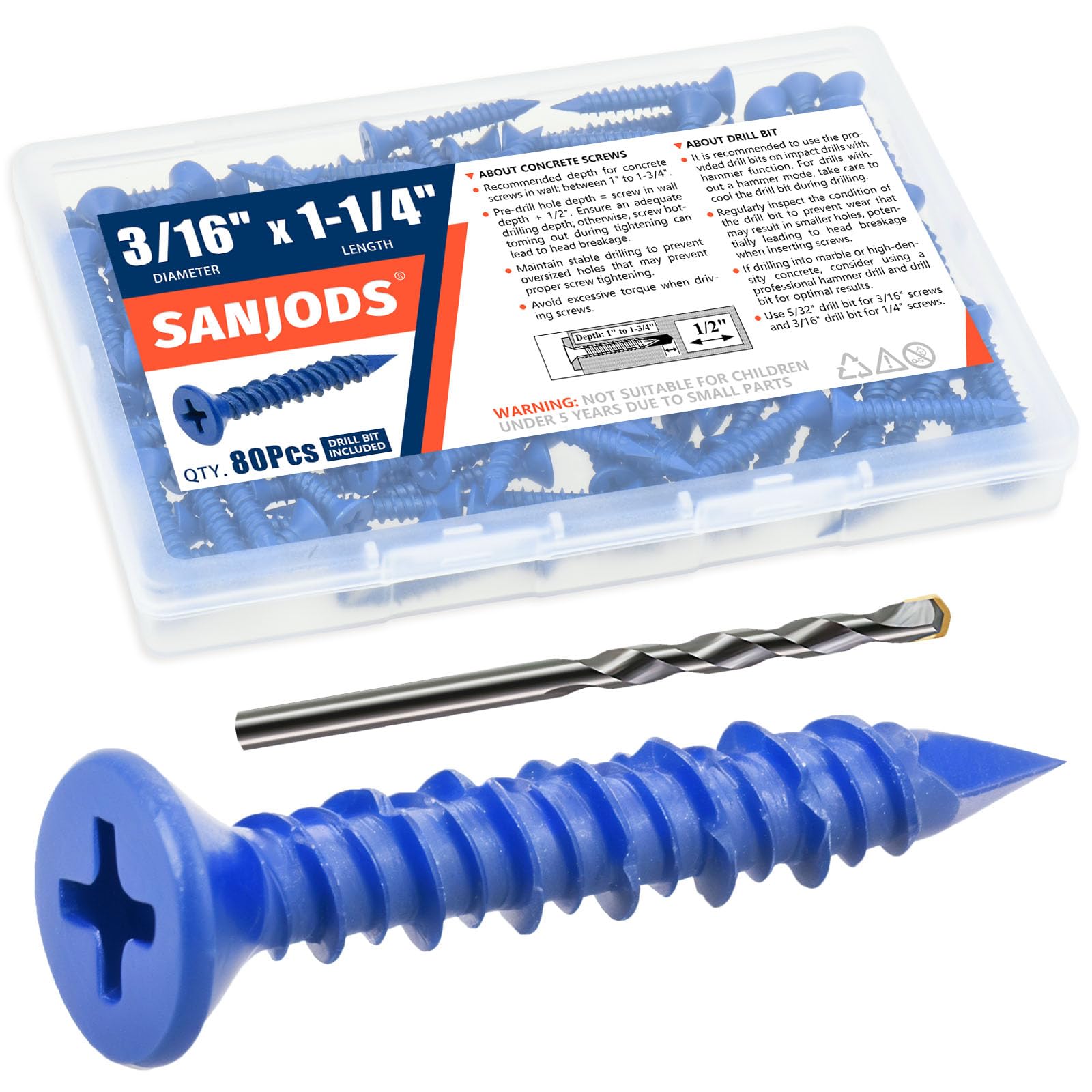 Photo 1 of SANJODS 3/16" x 1-1/4" Concrete Screw Anchor, Blue Flat Head Screws for Anchoring to Masonry, Brick, Block, Cement or Stucco (Pack of 80)