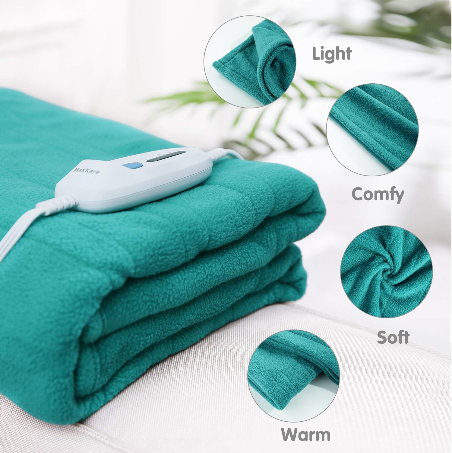 MaxKare Electric Heated Throw Blanket Polar Fleece 50'' x 60'' Lightweight Cozy Ultra-Warm Premium Microfiber Snap Lap Blankets with Auto-Off 4 Heating Levels - Lake Green: Home & Kitchen