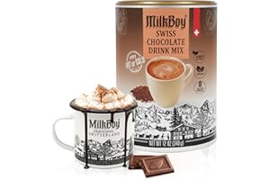 MILKBOY SWISS CHOCOLATES MilkBoy Dairy Free Hot Chocolate Mix - Gluten Free Swiss Cocoa Drink Powder, Vegan Hot Cocoa Mix, Gourmet Swiss Chocolate Drink, Kosher, Rainforest Alliance Certified - 12 oz Can