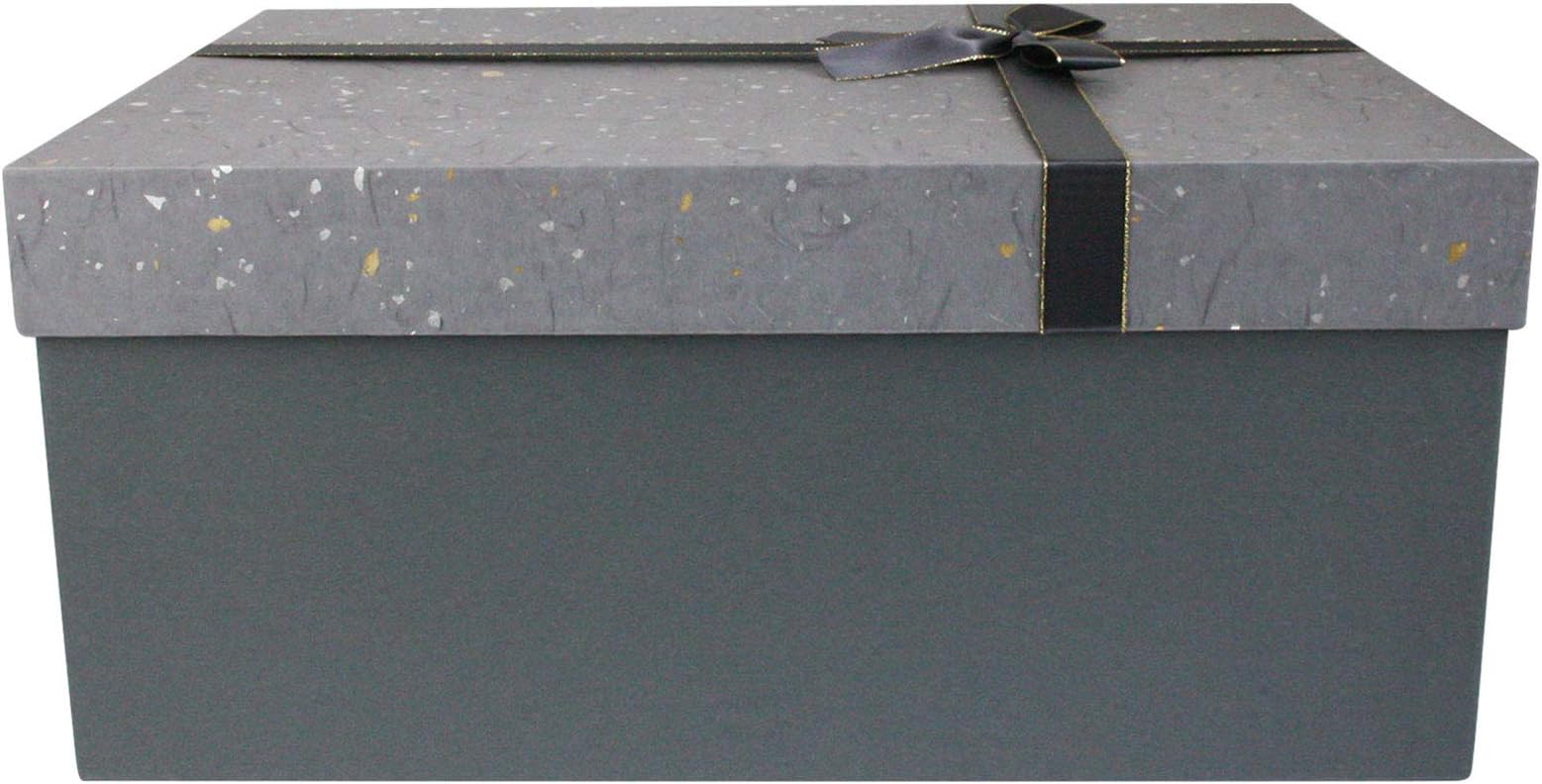 Emartbuy Rigid Gift Box, 33 x 23 x 13.5 cm, Dark Grey Box with Grey Gold Silver Lid and Gold Ribbon