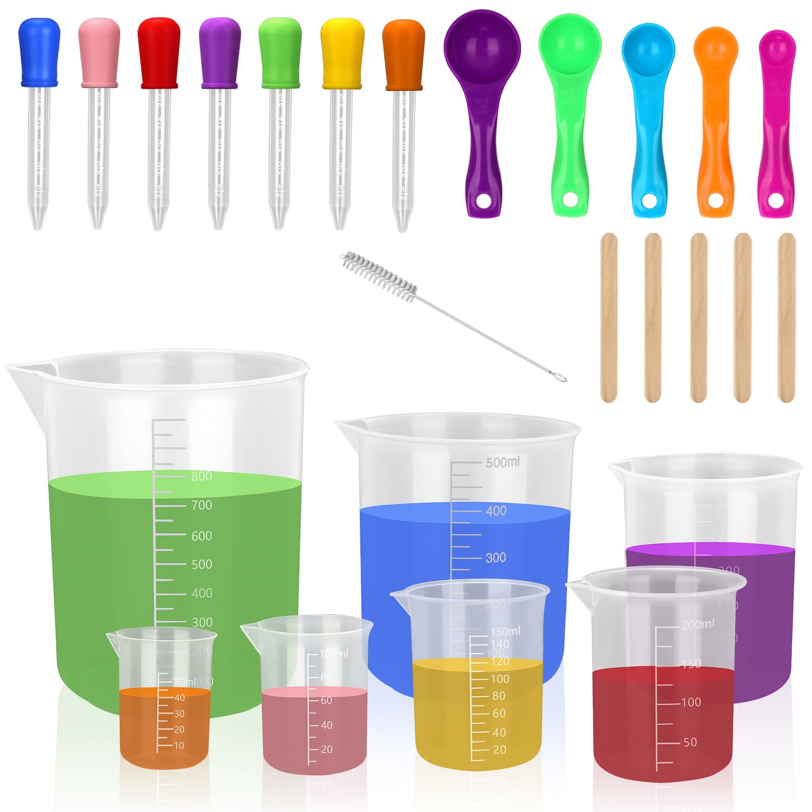 Furuising 25Pcs Plastic Measuring Cups with Spoons and Droppers, 7Pcs Heat Resistant Measuring Jugs, Labs Graduated Beakers Mixing Cups for Kitchen Science(1000ml 500ml 250ml 200ml 150ml 100ml 50ml)