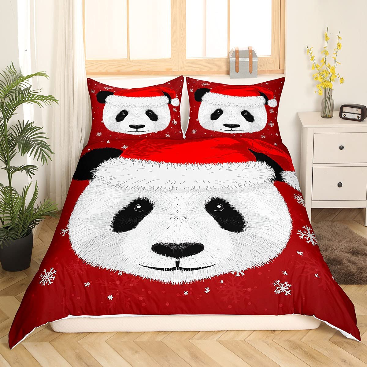 Christams Panda Bedding Set for Girls Boys Kids Cute Cartoon Panda With Christams Hat Bedding & Linenative Xmas Snowflake Duvet Cover Kawaii Zoo Animal Bedding & Linen Single Size 2Pcs