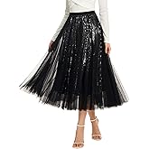 Dwirapal Sequin Long Tulle Skirt Layered Flowy Fairy Sparkle Party Mesh Tea Length Big Hem Skirts for Women