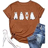 Halloween Shirts for Women Halloween Ghost Cat T-Shirt Retro Fall Spooky Season Tees Tops
