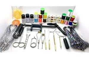 Olympian Fly Tying Tools, Materials Kit with Vise, Tinsel, Floss, Thread, Scissors, Whip, Bobbin, Glue, UV Torch