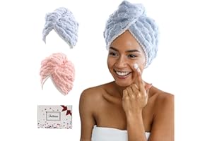 JEFFSUN Stocking Stuffers for Women Girls, Microfiber Hair Drying Towel, 2 Pack Super Absorbent Quick Dry Towel for Curly Long Thick Wet Hair with Button Closure, Easy to Use Dry Hair Wrap Turban
