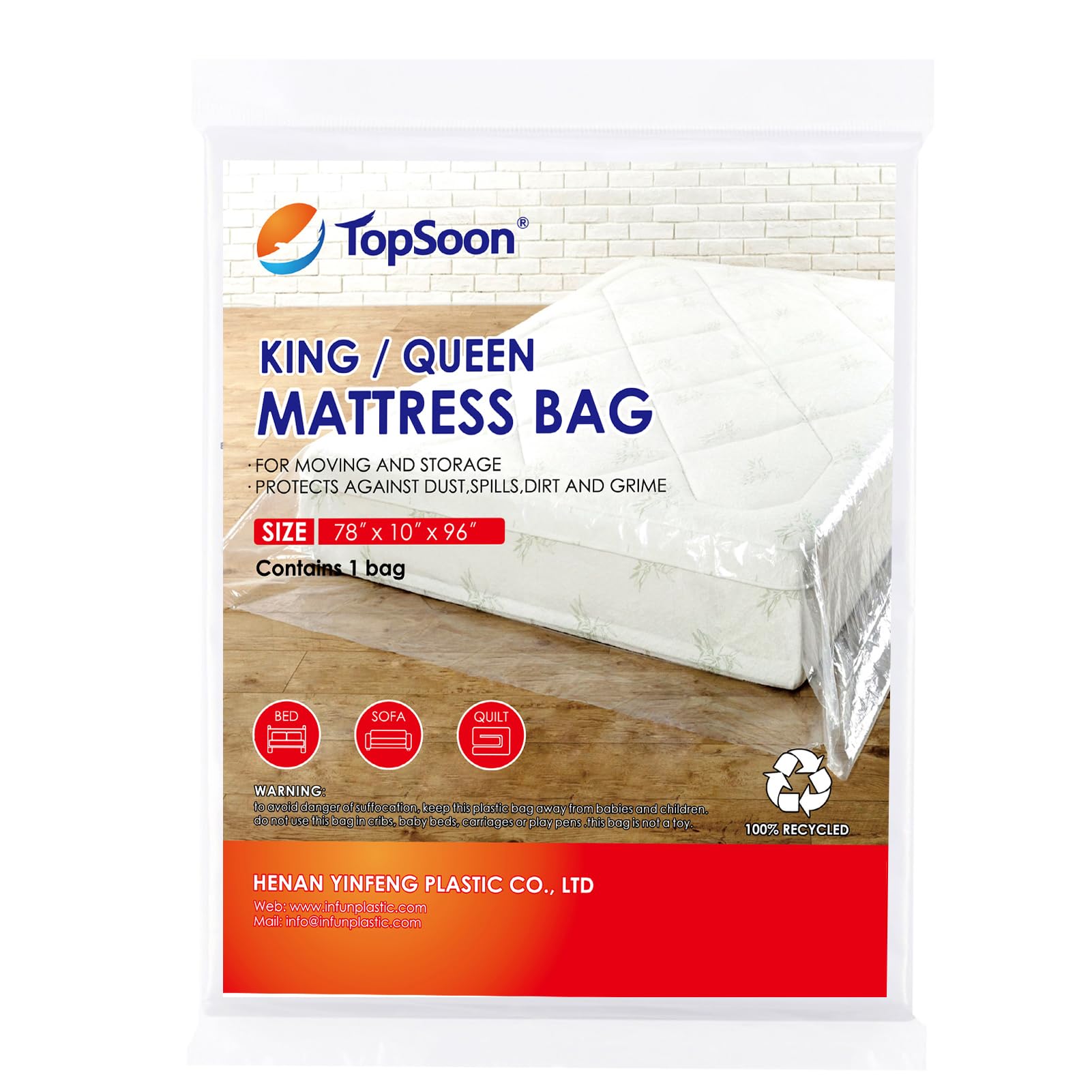 TopSoon Mattress Bag for Storage Mattress Disposal Bag - Moving & Storage Cover for Mattress or Box Spring, King/Queen Size Clear (1.5mil, 78" x 10" x 96")