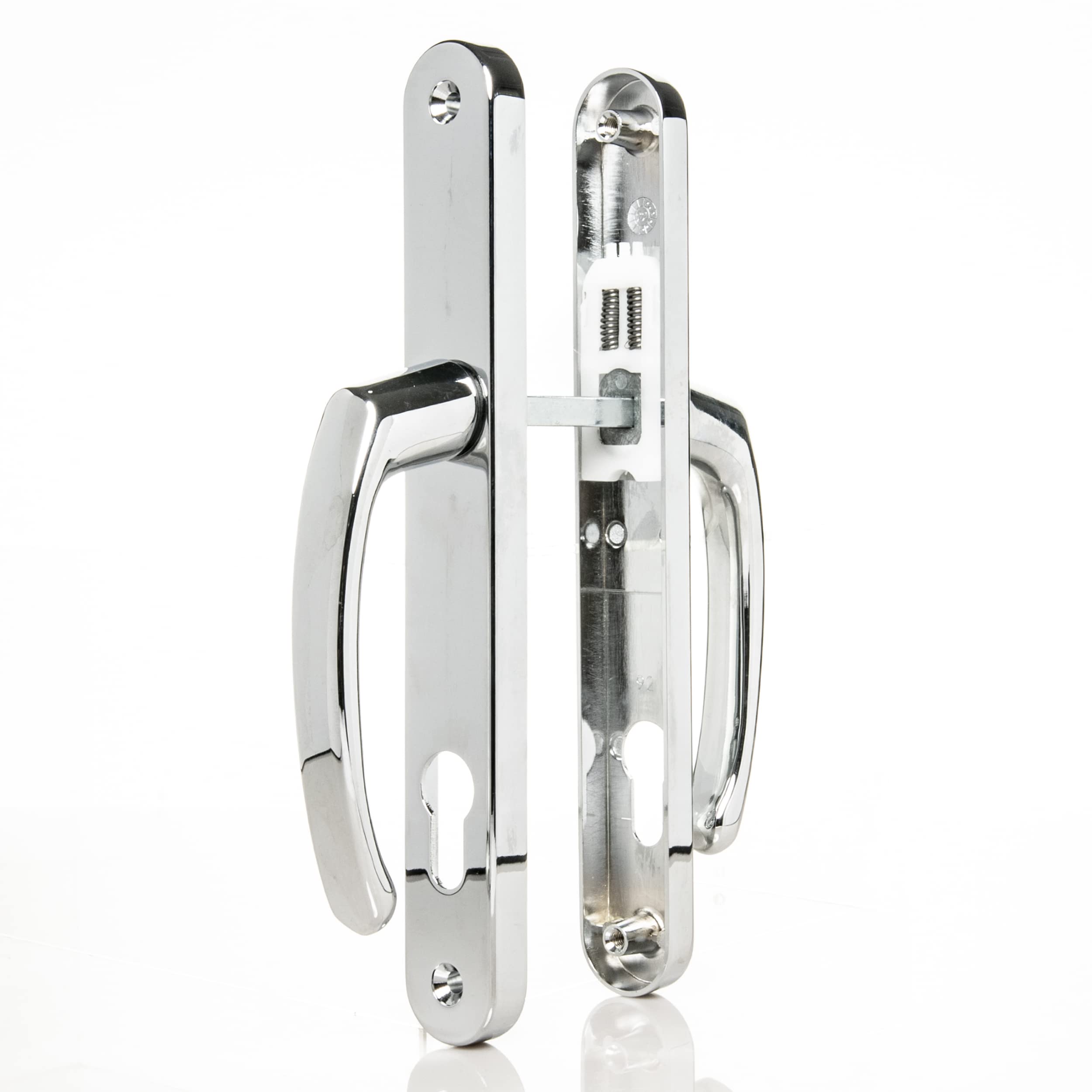 UPVC Door Handles Set - Polished Chrome - Lever/Lever - 92mm PZ (Centres) - 215mm Screw to Screw - Backplate 245mm X 32mm - Chrome Replacement Door Handles
