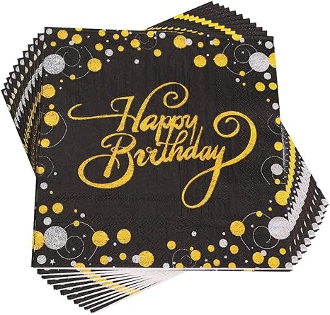 Amazon Com Trgowaul Birthday Party Cocktail Napkins 100 Pack Gold Foil Happy Birthday Disposable Paper Napkins Perfect For Birthday Party Supplies 6 5 X 6 5 Inches Folded Black Cocktail Napkins