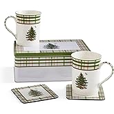 Spode Christmas Tree 12 Oz Mug &amp; Tin Gift Set - Tartan, Set of 5 | 2 Fine China Mugs, 2 Cork-Backed Coasters &amp; Storage Tin, Plaid Tartan Design, Ideal for Holiday Coffee, Tea &amp; Hot Cocoa