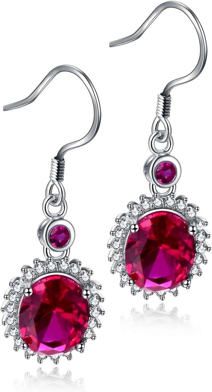 Women 925 Sterling Silver Drop Earrings Ruby + Cubic Zirconia Fishhook Dangle Earring Vintage Style