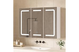 Hasuit Medicine Cabinet Organizer with Mirror, Lighted Bathroom Medicine Cabinet with Storage, 3 Doors Bathroom Wall Cabinet with LED Lights, Adjustable Shelves & Outlets, 31.5'' x 23.6'', White